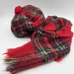 Glentana Scotland Mohair Pile Wool Scarf Set Tam O Shanter Tammy Hat Stewart